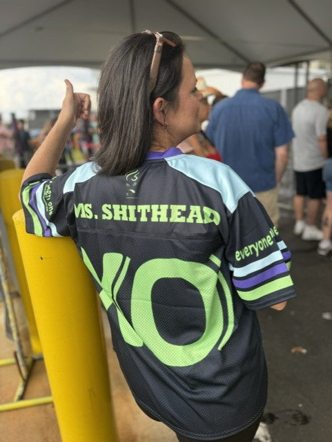 Ms. Shithead Everyone's Been One Livin' Lime Totem on Black Boxy Football Jersey Shirt
